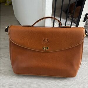 Tan Leather Top-Handle Briefcase with Gold Hardware